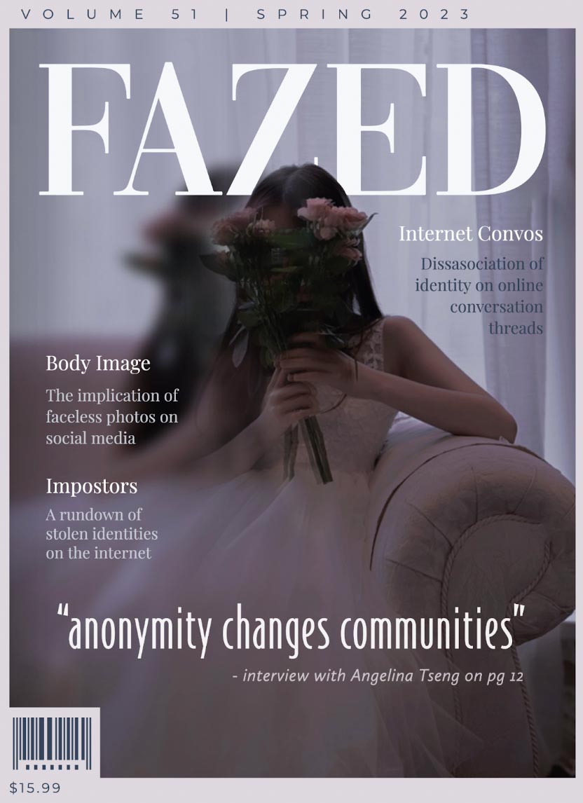 Magazine cover with a girl in a white dress holding a bouquet of flowers in front of her face.