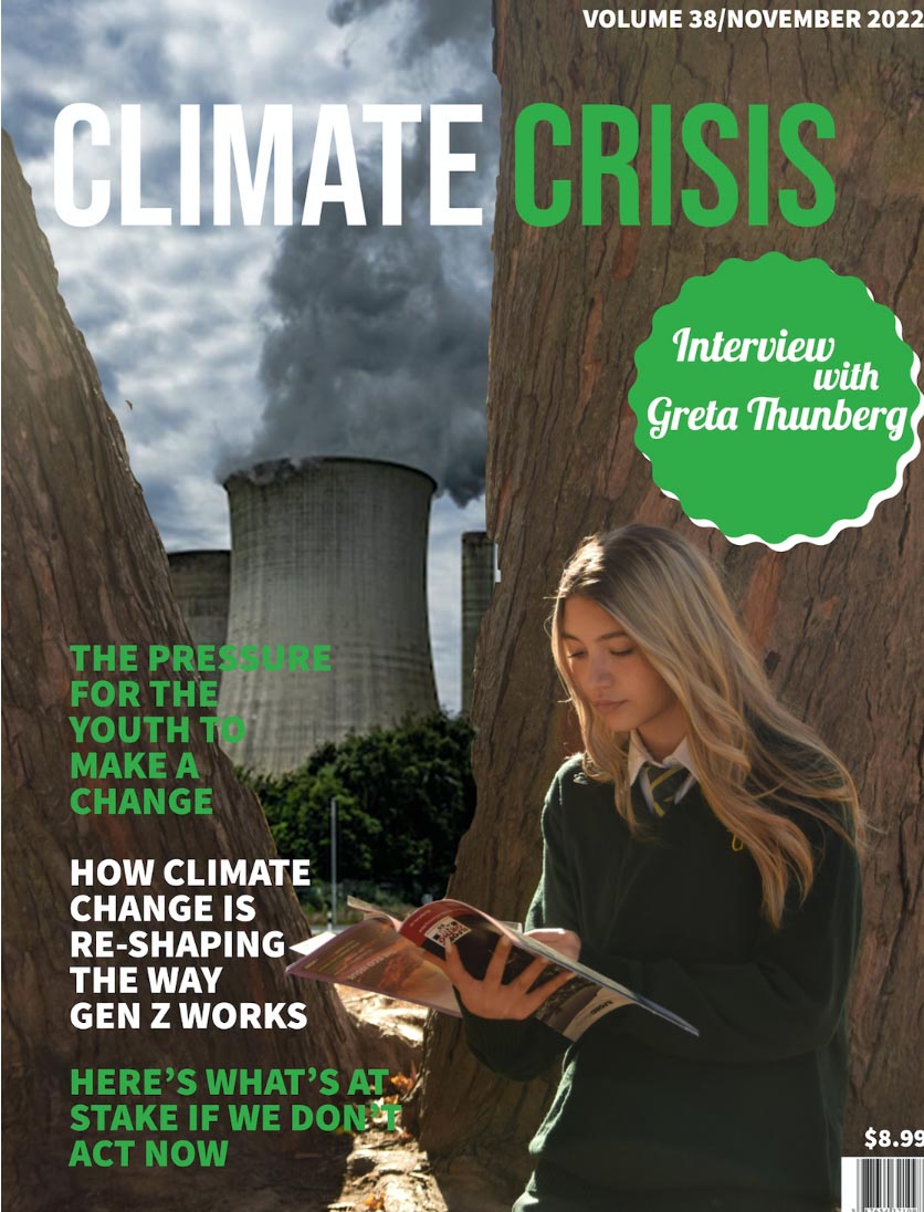 Magazine mock up of a student standing in front a smoke stack.