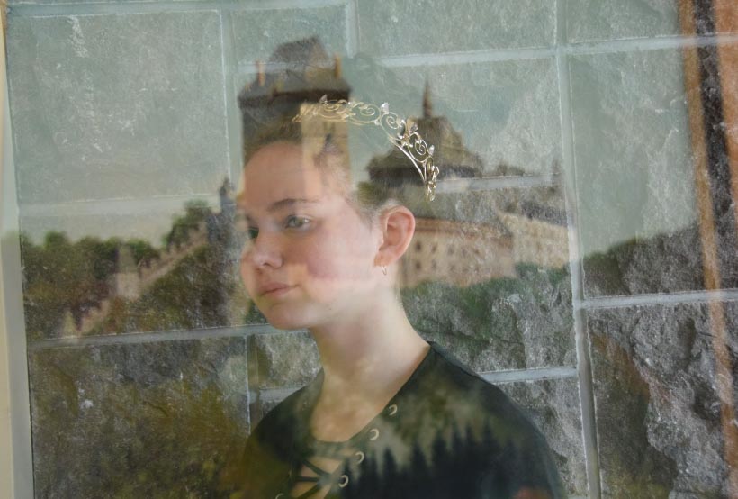 Girl's head with buildings.