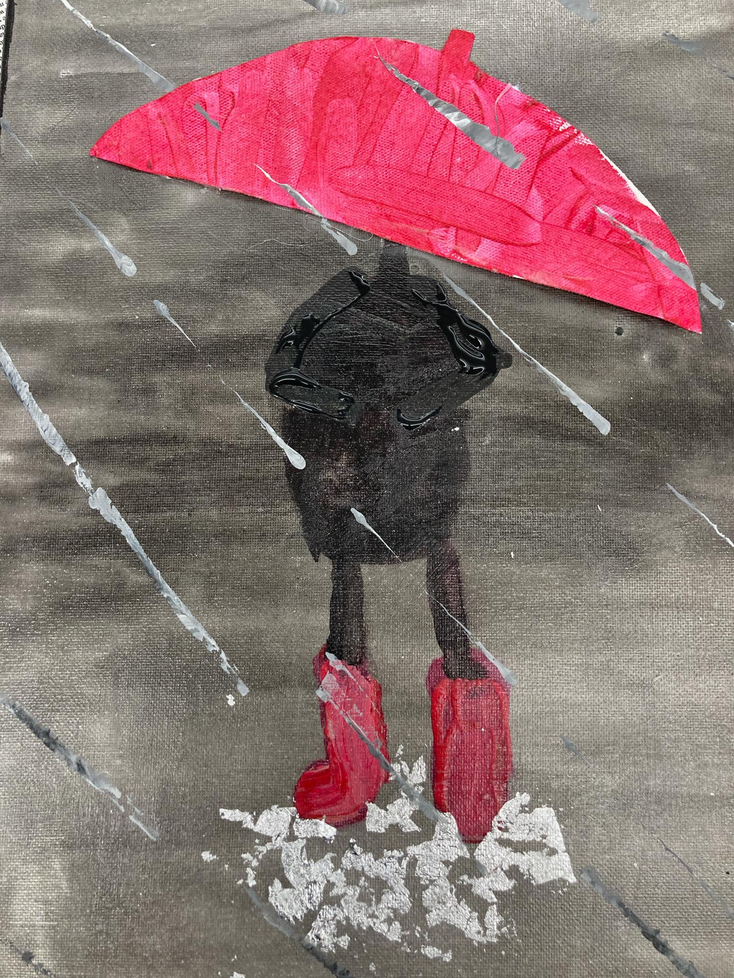 Painting of someone wearing black holding a red umbrella with red rainboots.