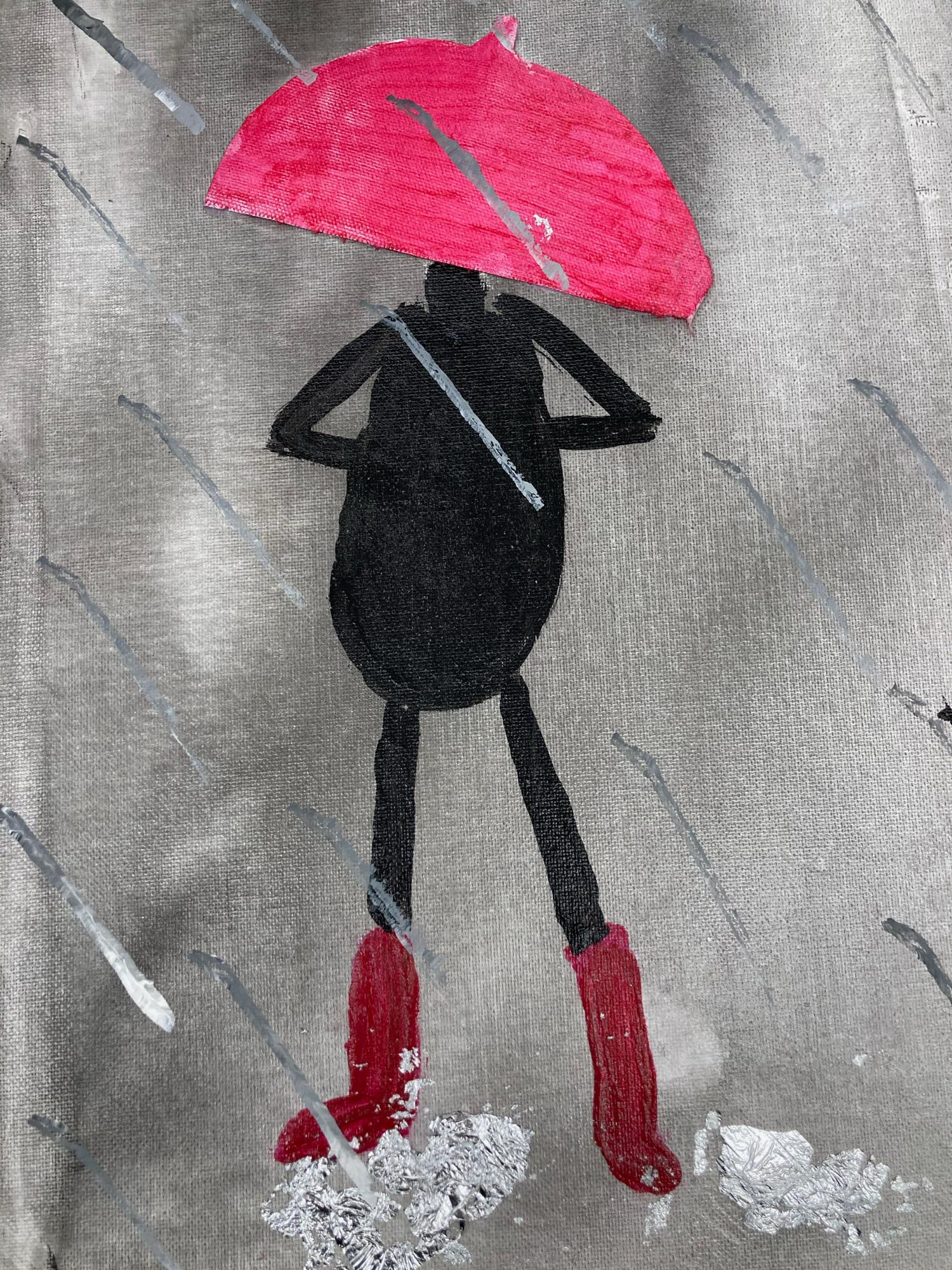 Painting of someone wearing black holding a red umbrella with red rainboots.