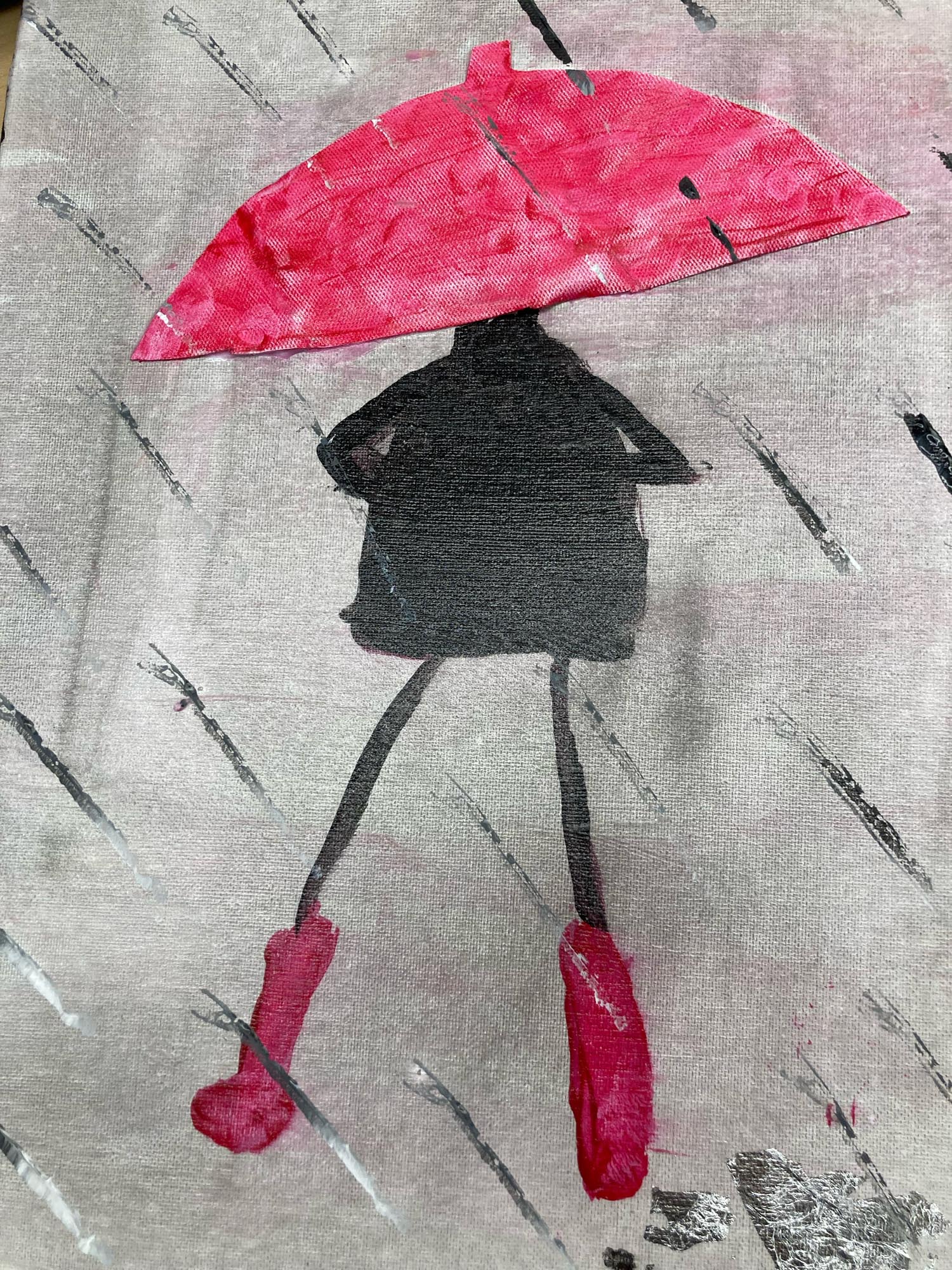 Painting of someone wearing black holding a red umbrella with red rainboots.