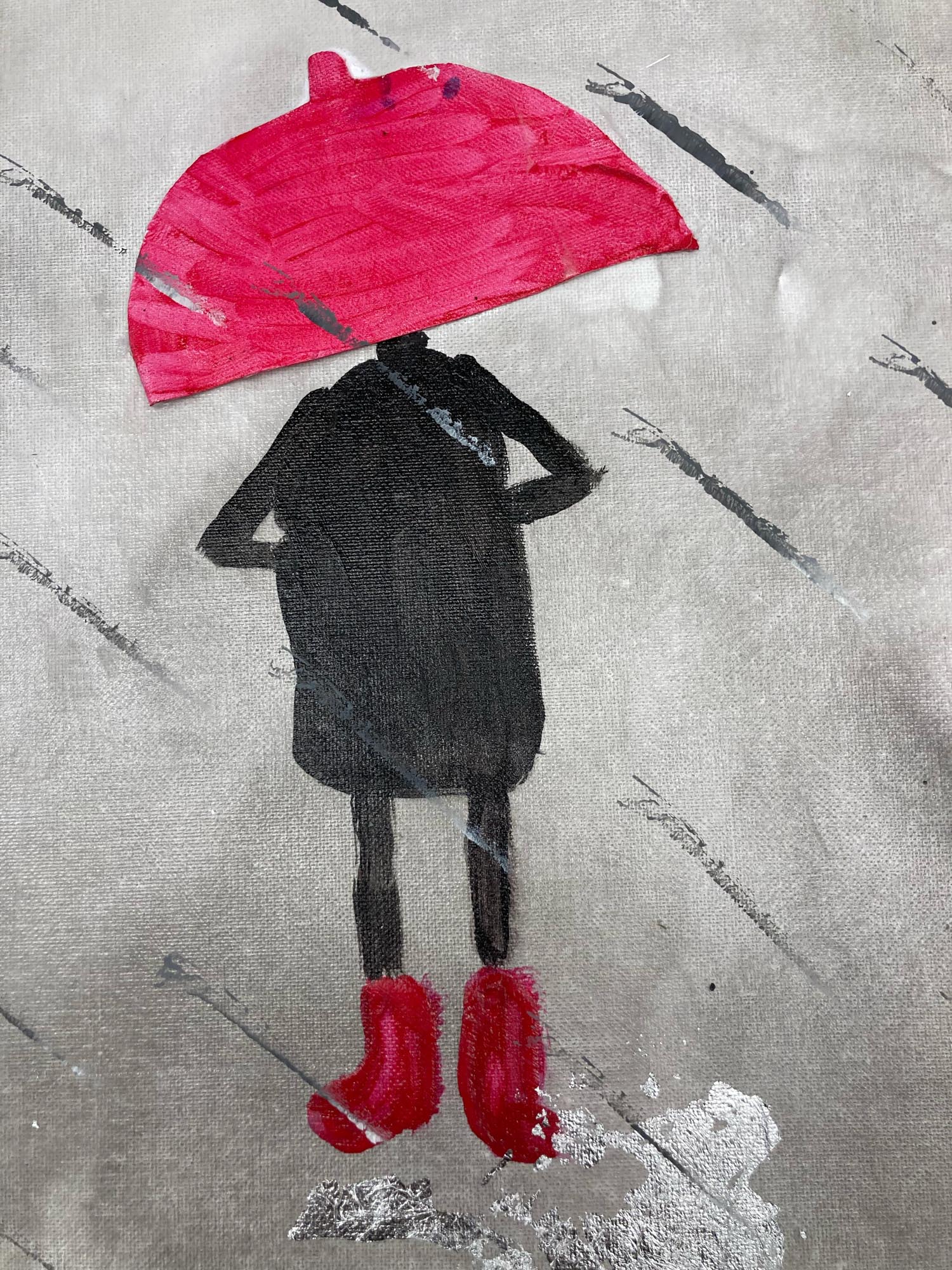 Painting of someone wearing black holding a red umbrella with red rainboots.