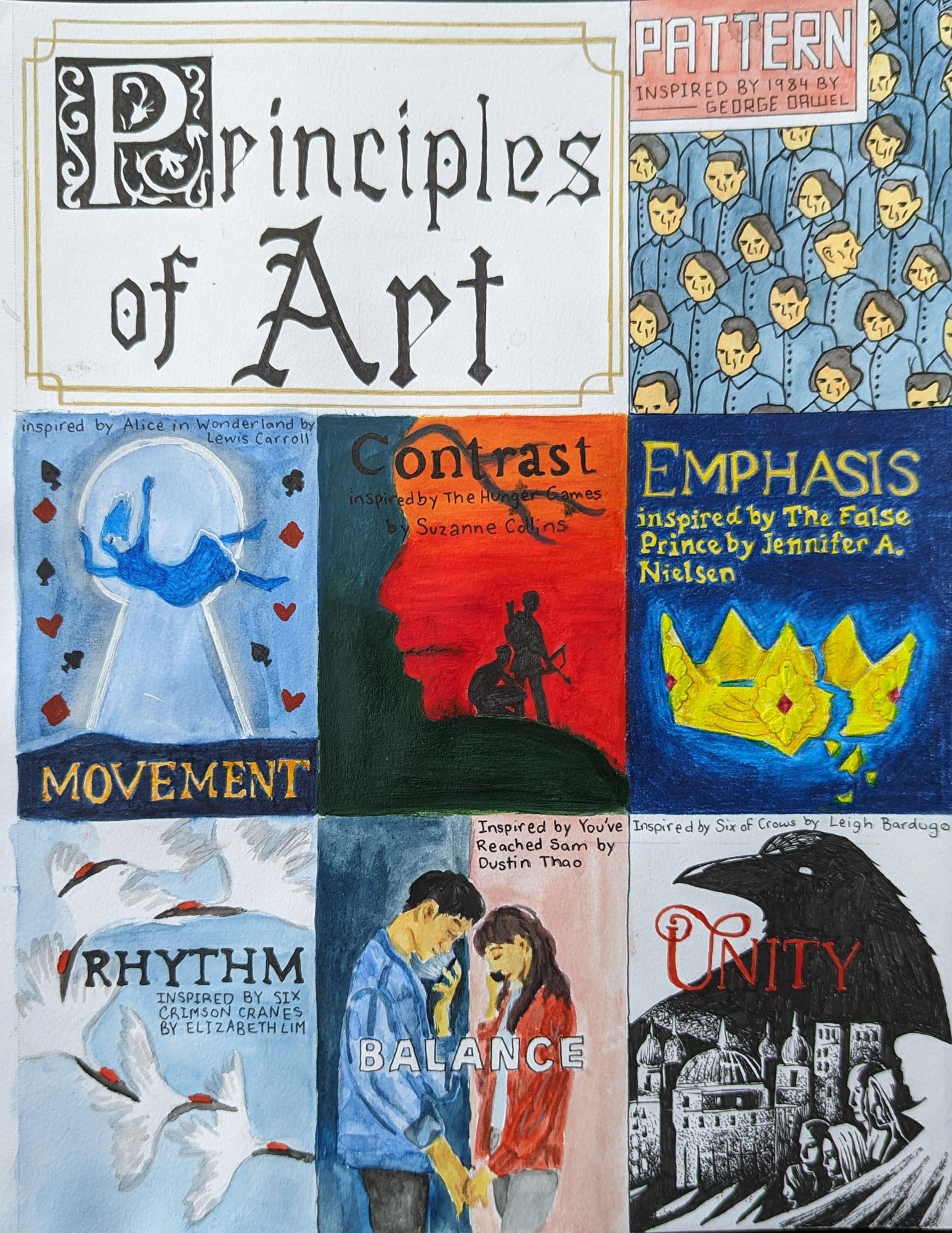 Depictions of different artistic styles, including "movement," "contrast," "emphasis," "rhythm," "balance," and "unity."
