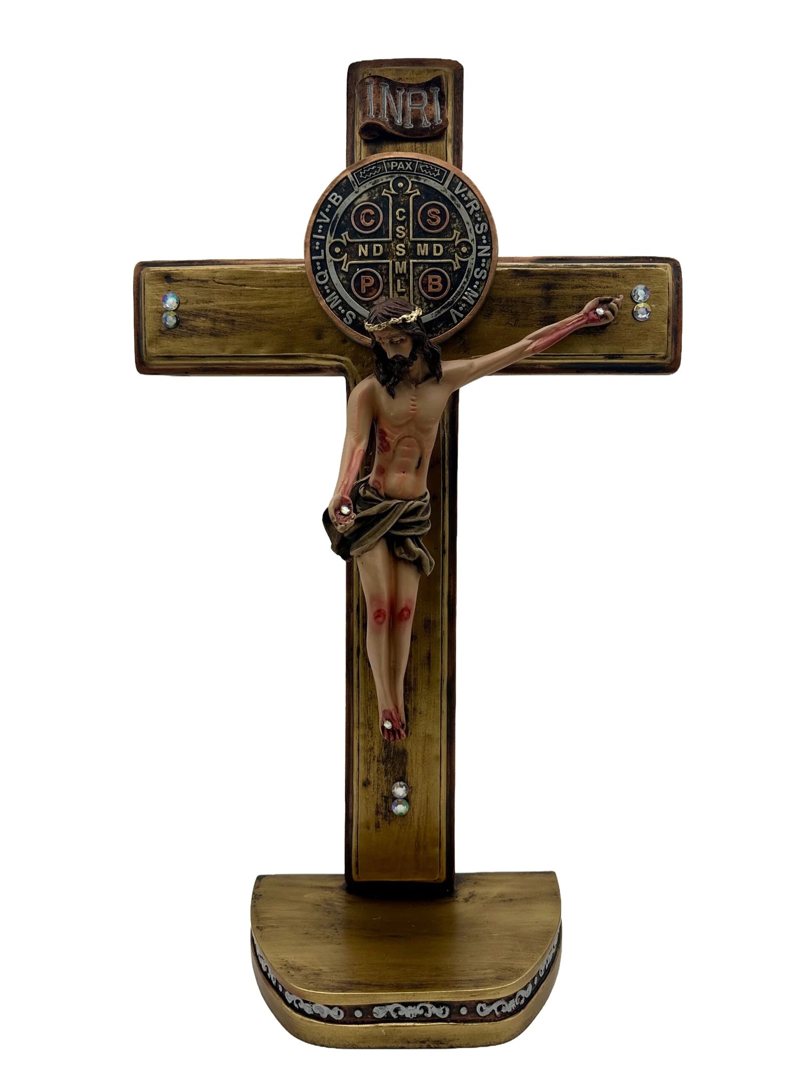CRISTO DE PEDESTAL CON  SAN BENITO # 4 MANO HACIA ABAJO ORO. -  DL30454A