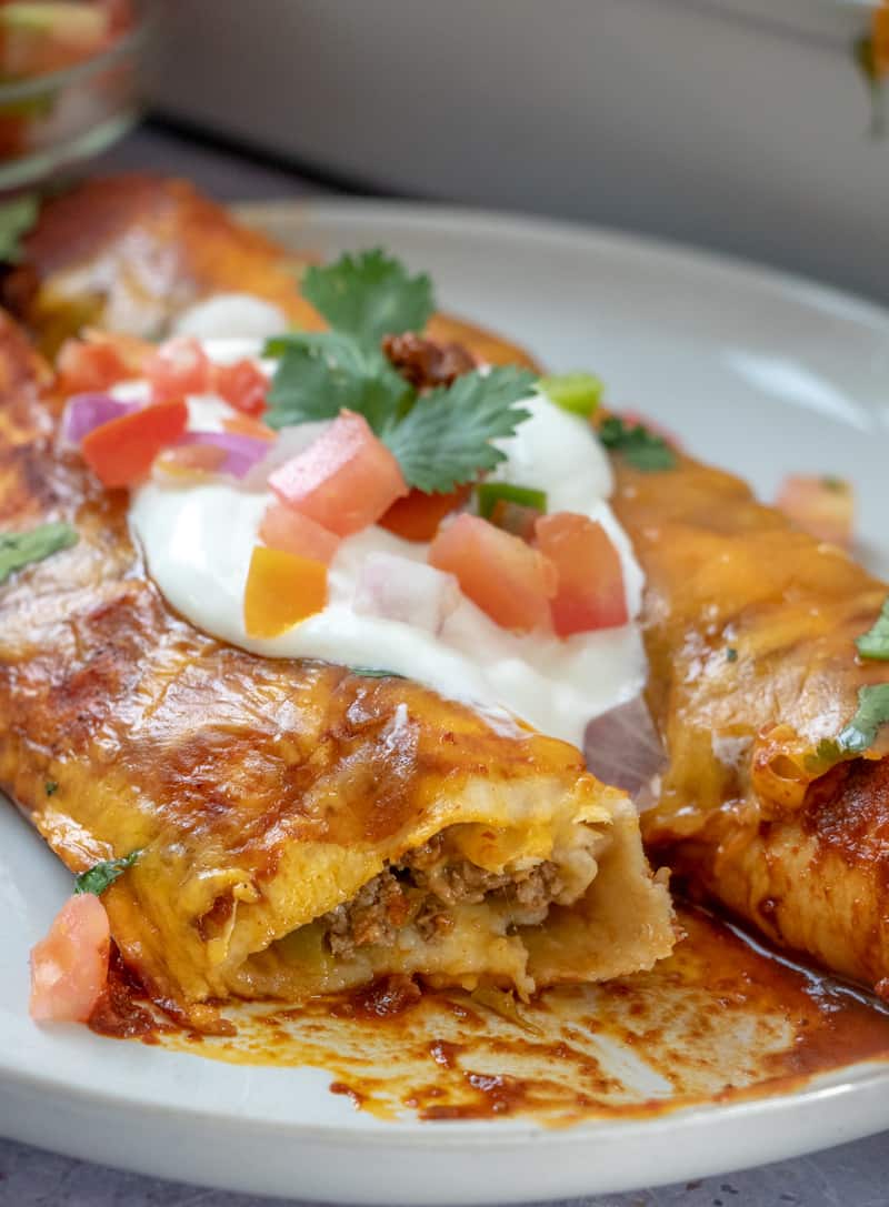 Add ground beef (1.5 lb) and salt (1/2 tbsp). Ground Beef Enchiladas - Tornadough Alli