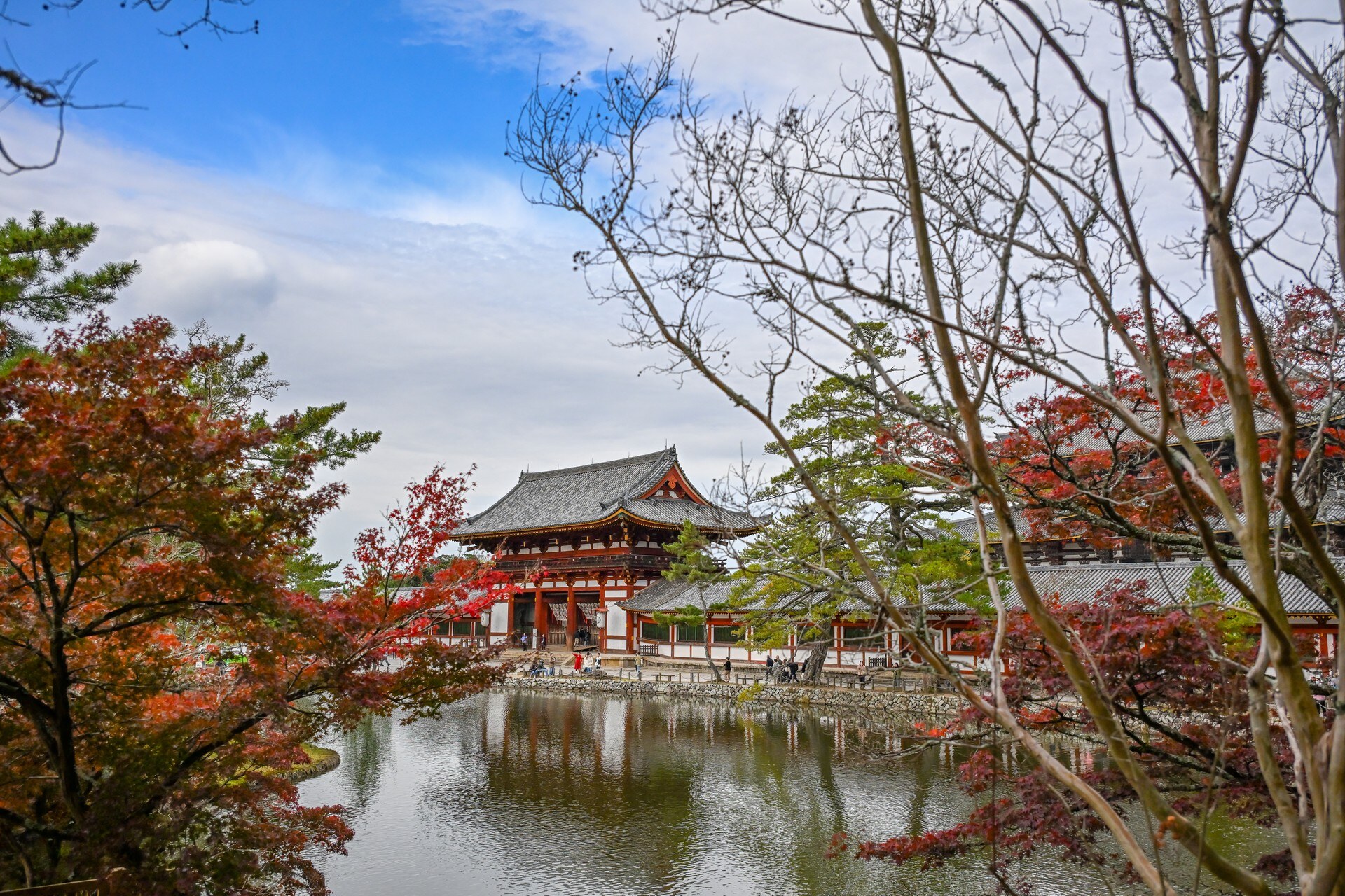 池畔朱紅寺院建築映入水中，秋樹枝條環繞兩側