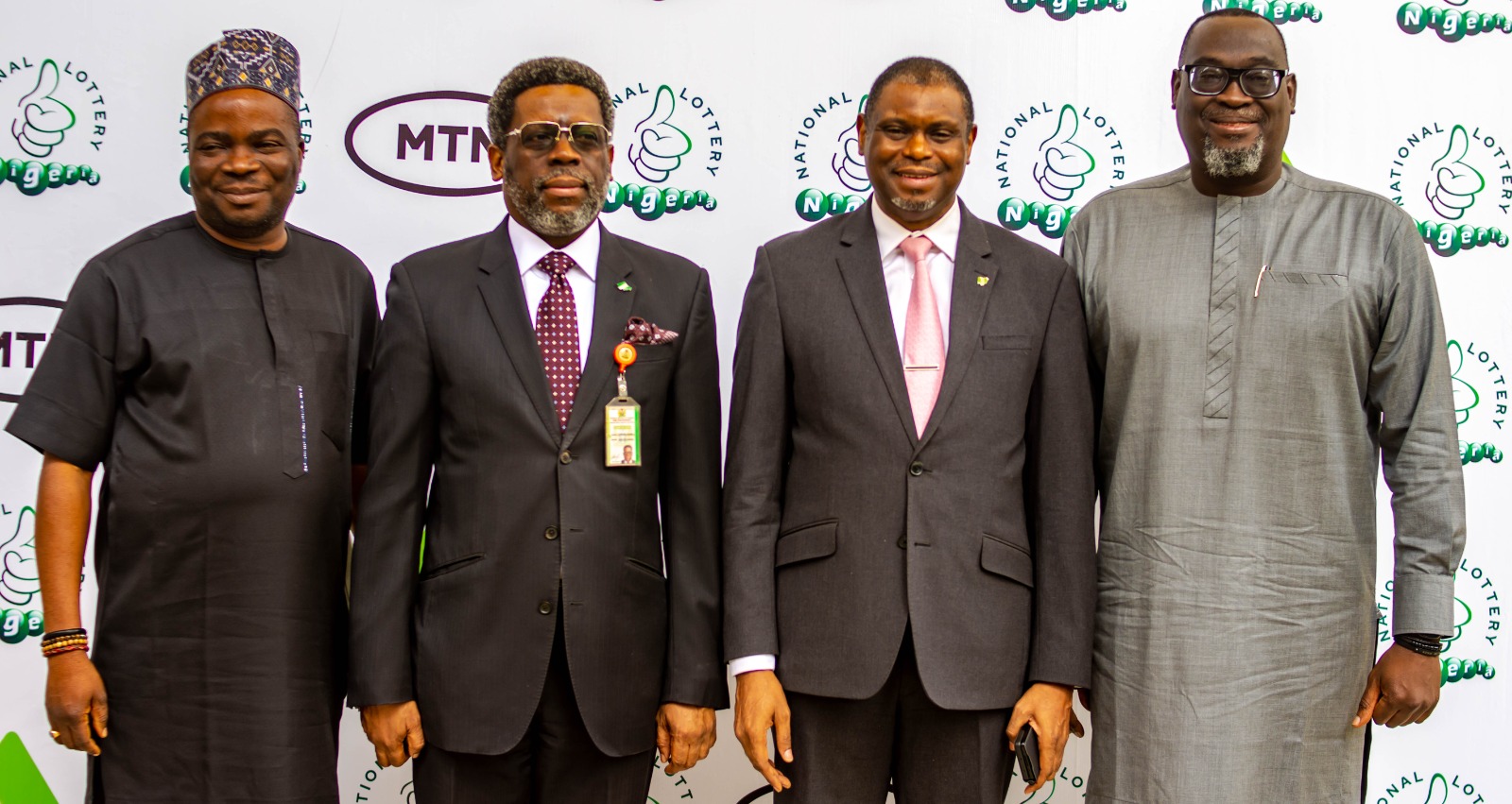 L-R: Special Adviser to the Honourable Minister,Federal Ministry of Special Duties and Inter-governmental Affairs, Richard Agura; Director General, National Lottery Regulatory Commission, Lanre Gbajabiamila; The Executive Secretary (ES) of the National Lottery Trust Fund, Dr. Bello Maigari and Managing Director of National Lottery Nigeria, Layi Onafowokan at the official launch of the National Lottery Nigeria Naija Mega Jackpot