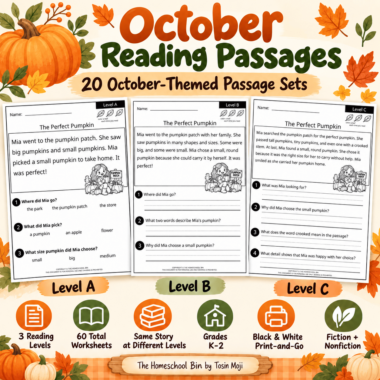 October Reading Comprehension Passages | 3 Differentiated Levels | Grades K–2