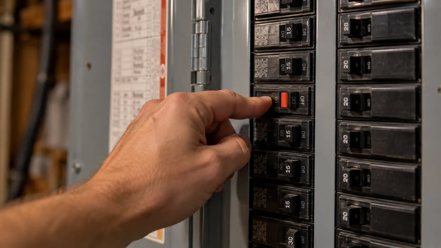 electrical panel with someone turning a tripped breaker back on.