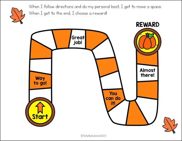 picture of a Fall themed game board token chart