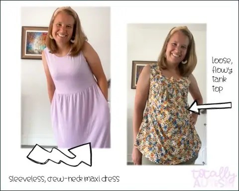 two side-by-side photos of a woman wearing a long lavender dress and a flowy, sleeveless blouse