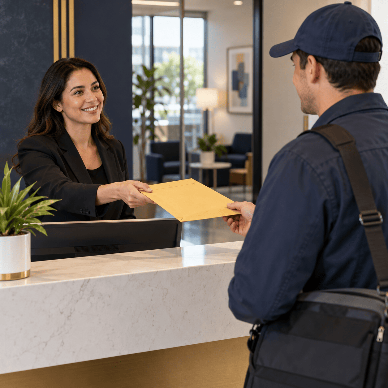 A courier collects a sealed document envelope from a client at an office reception desk