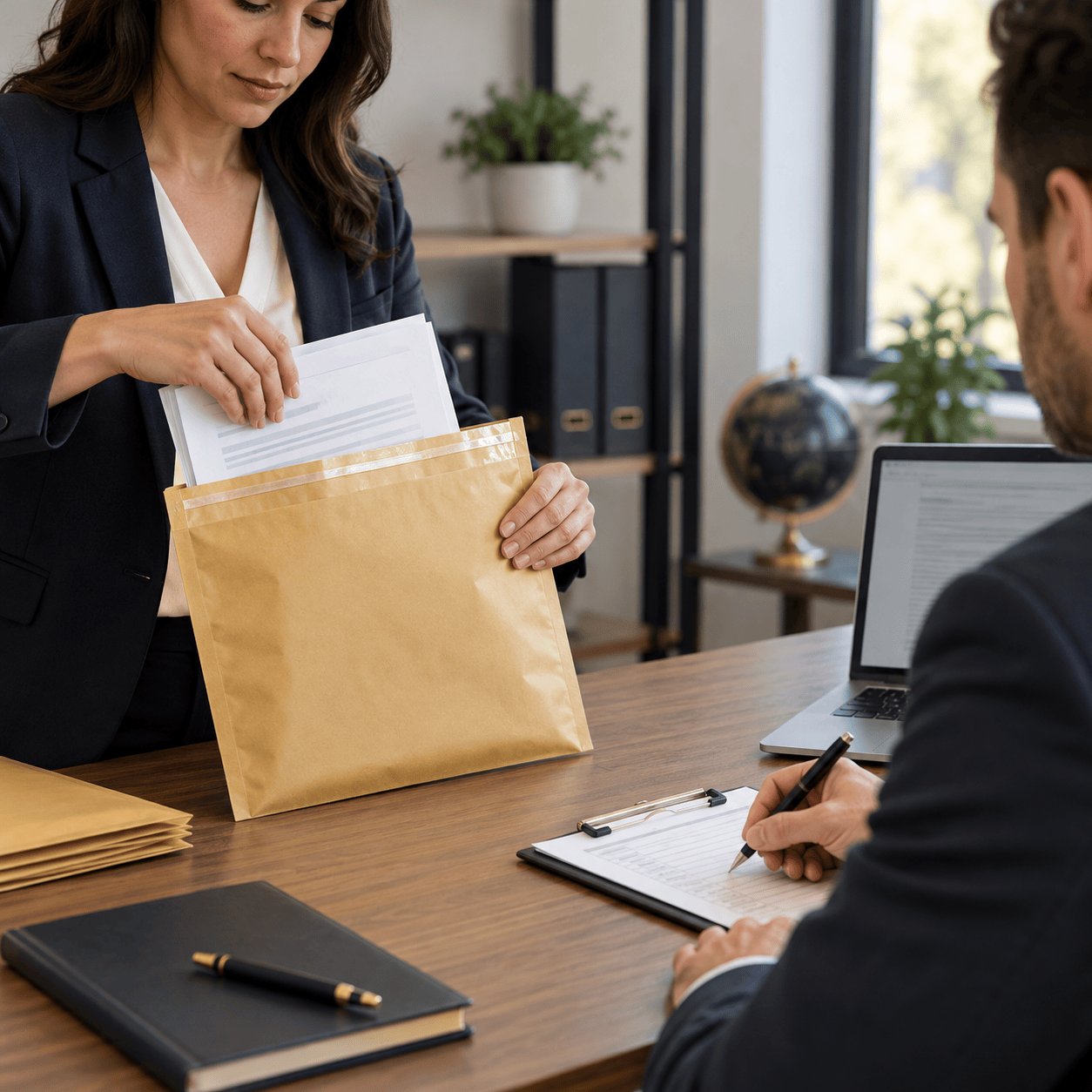 A professional places important documents into a protective sealed envelope and records the handoff