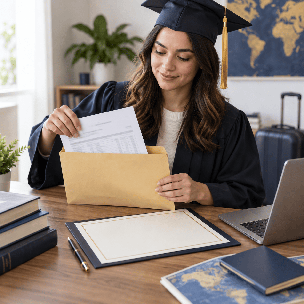 A graduate organizes an academic transcript envelope and blank diploma-like paper for overseas submission