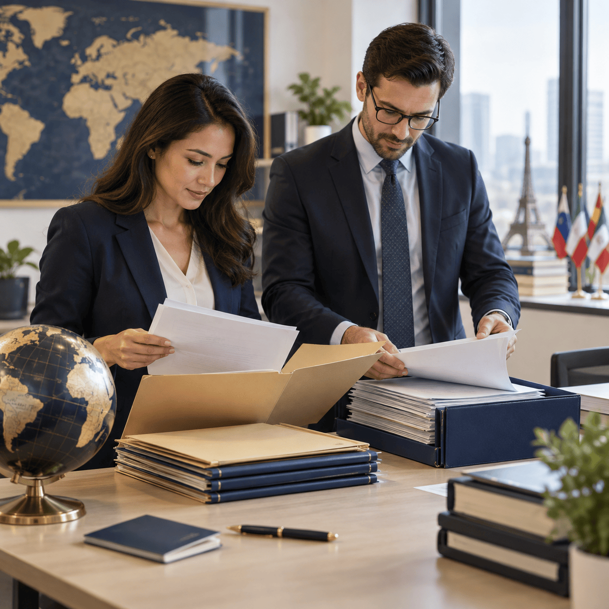 Business colleagues organize company records for international document authentication, folder and subtle globe