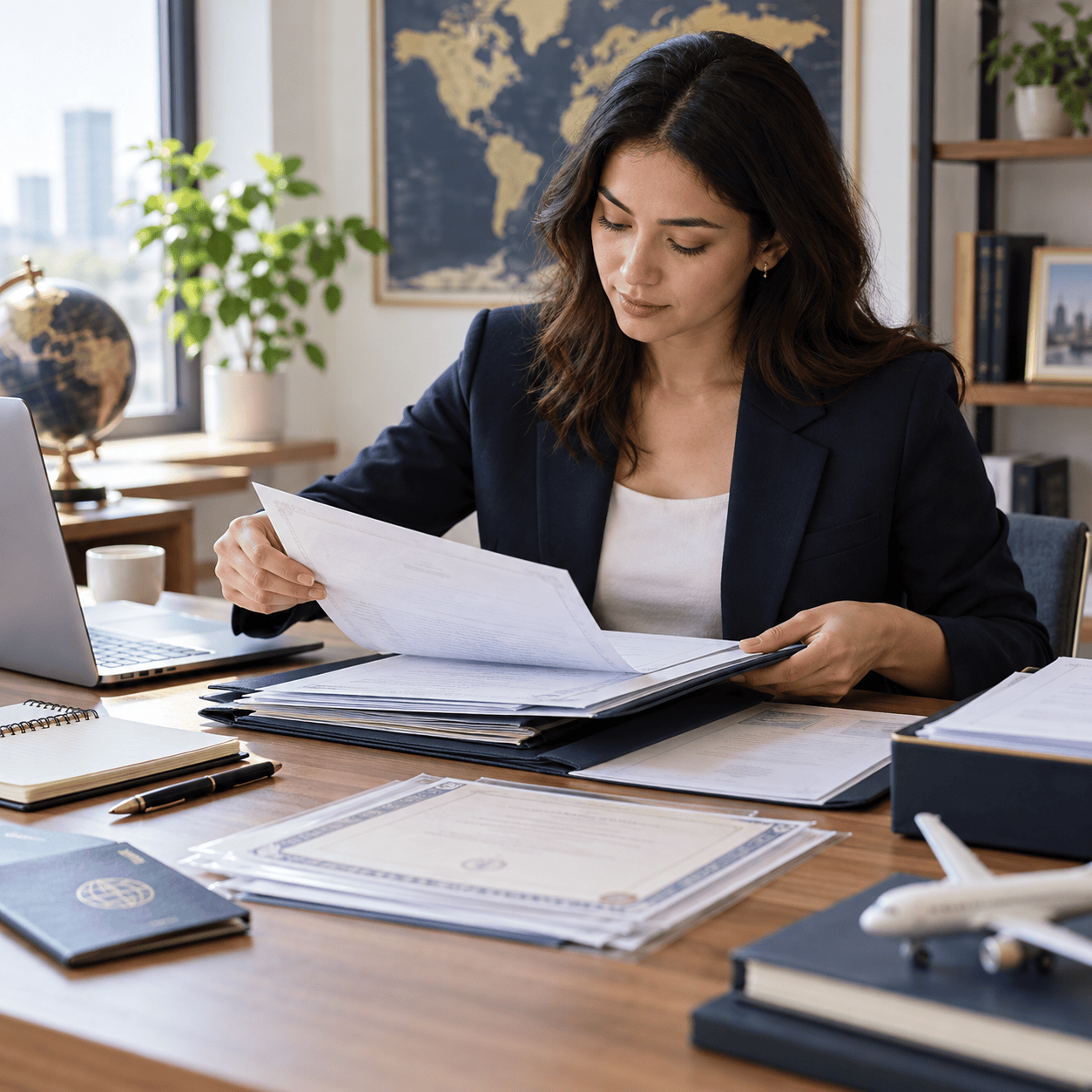 A professional organizes certificates and academic records for an overseas application