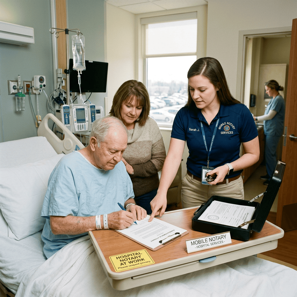 Mobile notary helps hospitalized man sign documents beside his bed