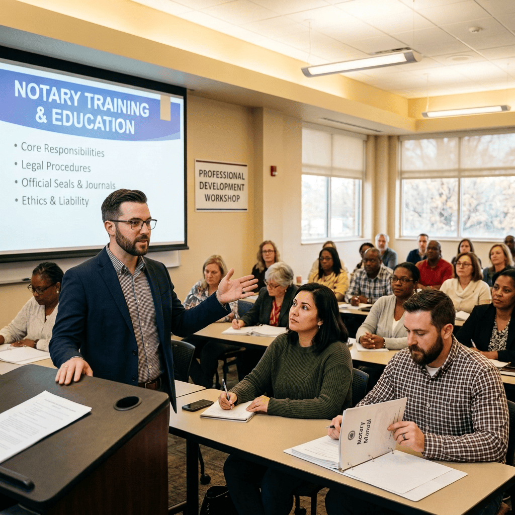 Instructor presenting notary training and education to a classroom of participants