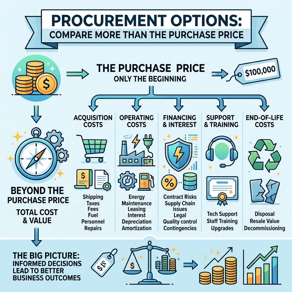 Infographic comparing purchase price with acquisition, operating, financing, support, and end-of-life costs