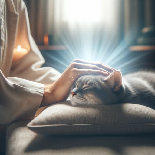 A close-up image capturing the tender moment between a Reiki practitioner and a cat. The setting is indoors, with a soft, calming atmosphere