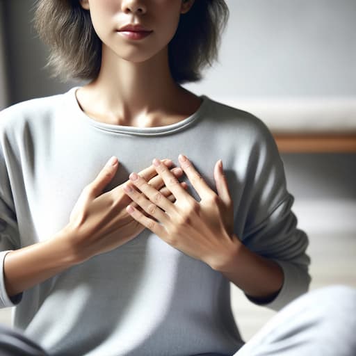 A close-up view of an individual in a meditative pose, sitting or lying down with eyes closed and hands gently placed over the heart area