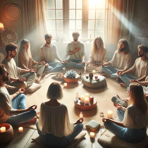 A peaceful setting within a Reiki healing circle, capturing the essence of a group meditation. Participants are seated in a circle, with their eyes closed