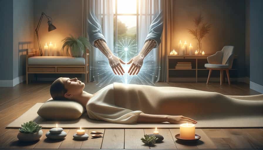 A serene Reiki session in progress depicted in a softly lit room, capturing the moment a Reiki practitioner's hands hover slightly above a person lying on a couch