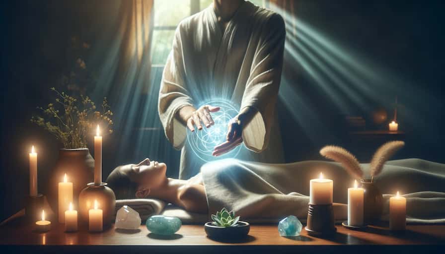 A serene and calming Reiki session environment showcasing the gentle touch of a Reiki practitioner transferring energy to a relaxed client
