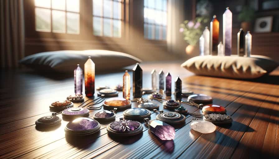 An image depicting a serene and tranquil setting where an array of Reiki healing pendants, each uniquely designed with different crystals