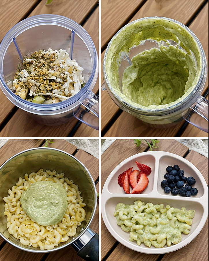 Step-by-step collage showing macaroni being cooked, vegetables and nuts blended into a creamy sauce, sauce mixed with pasta, and the finished creamy avocado broccoli pasta.