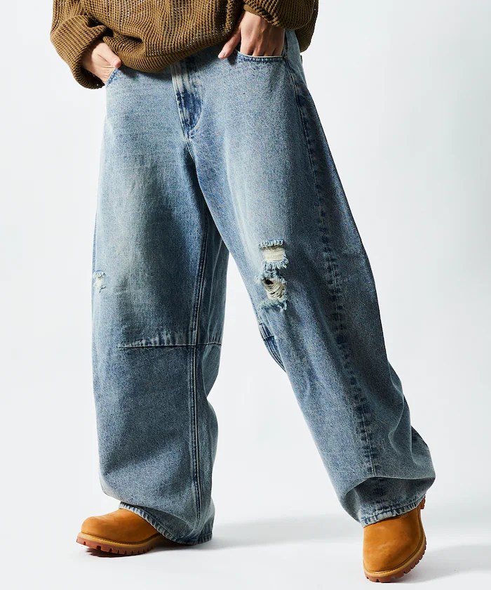 FREAK'S STORE ワイドシルエット ダメージ加工 カーブ デニム