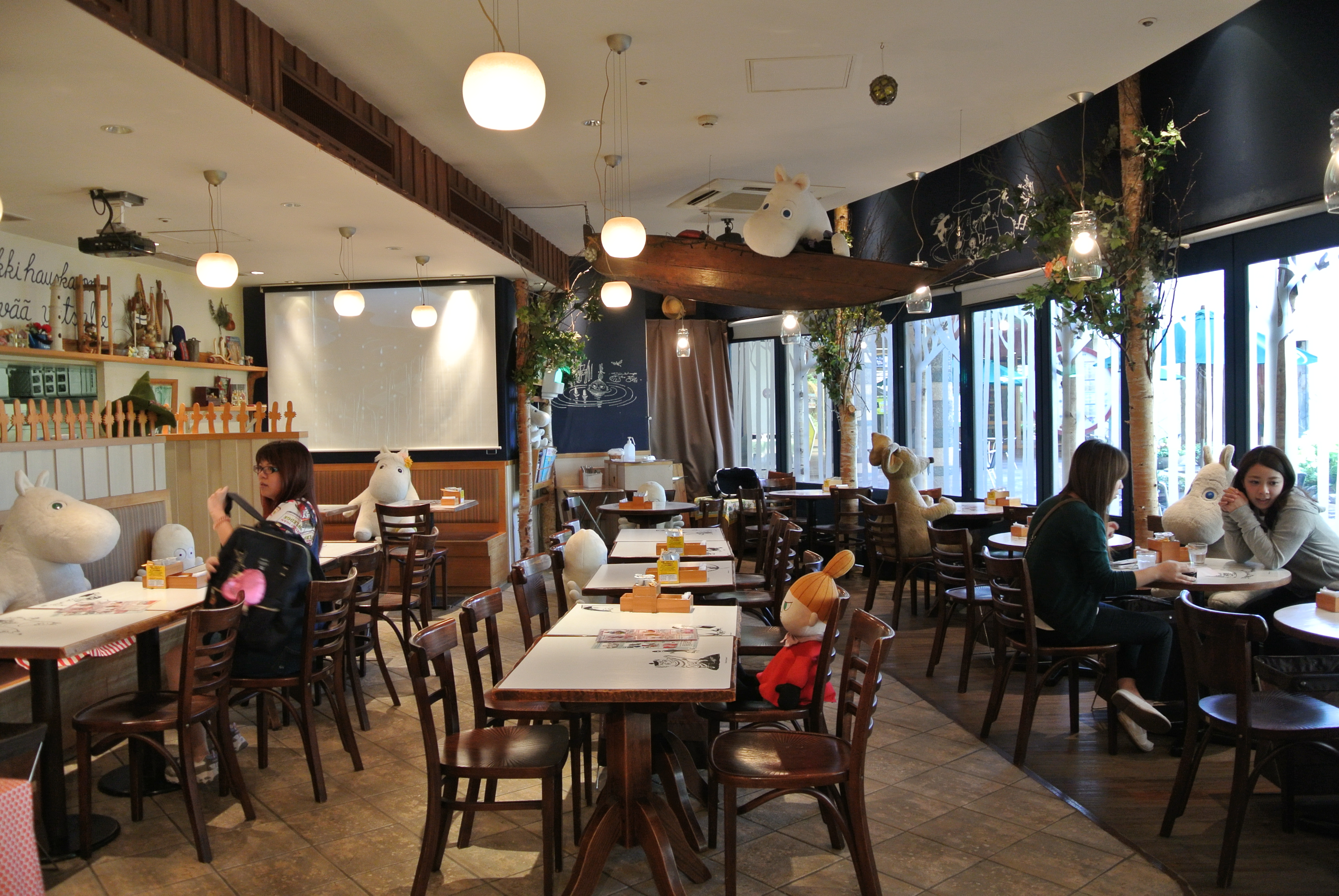 Moomin's family and friends dispersed around the cafe