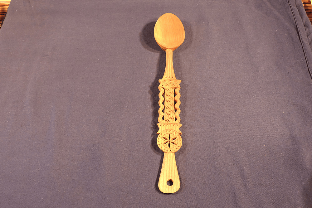 Hand-Carved Romanian Cherry Wood Decorative Spoon, Pierced Rosette