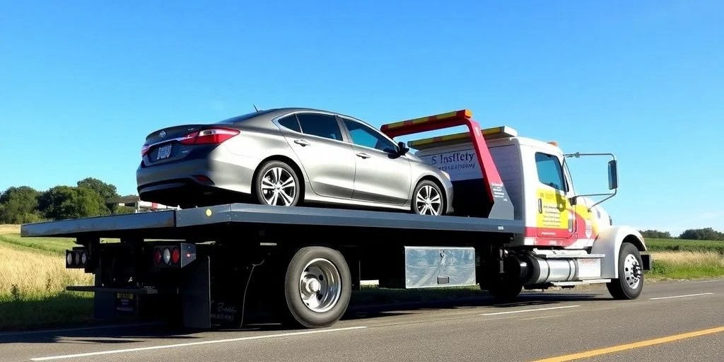 Flatbed tow truck with vehicle loaded on roadside.
