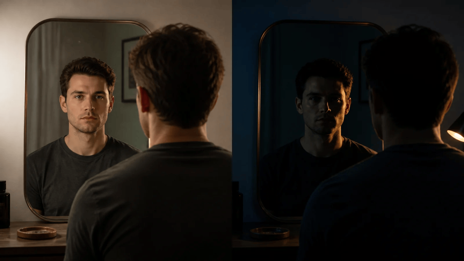 The same face reflected under full light and dim side lighting, showing how shadows change visible features.