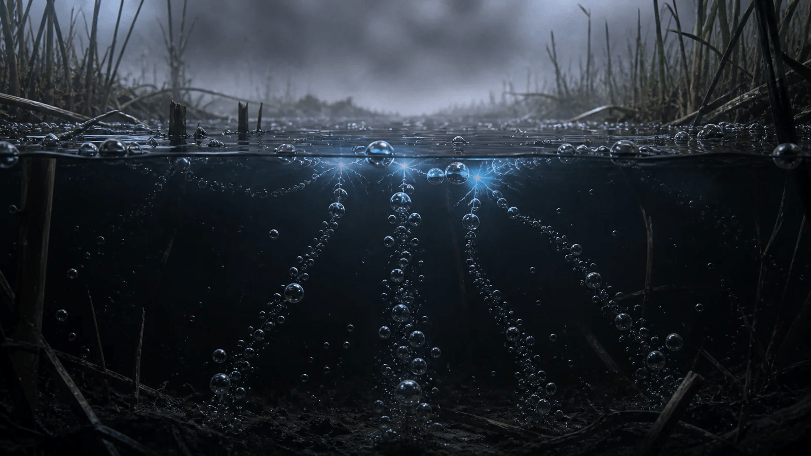 An illustration of methane bubbles producing tiny blue electrical discharges as they meet near the surface of marsh water.