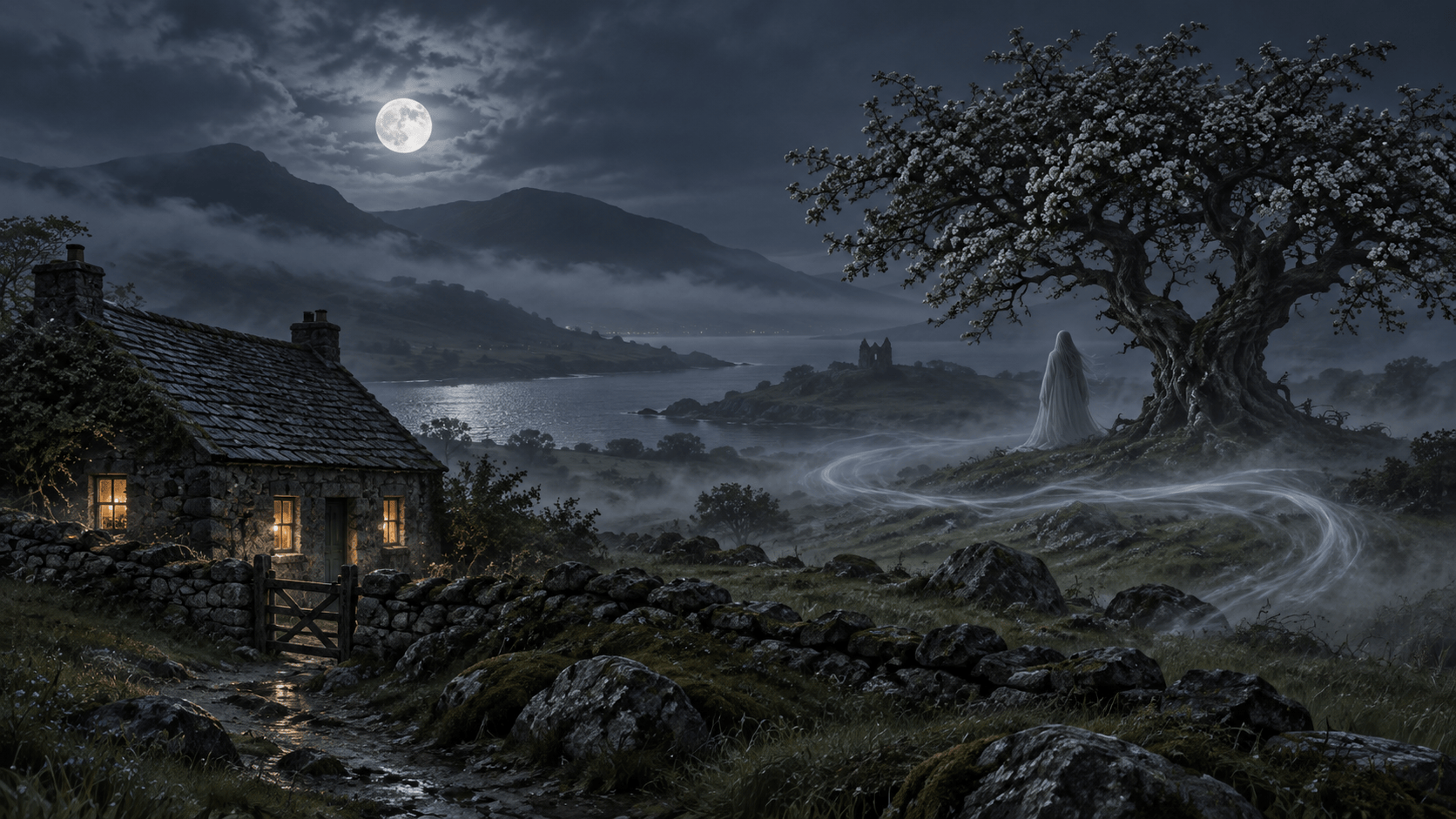 Misty Irish cottage and hawthorn tree with a distant, face-obscured pale figure