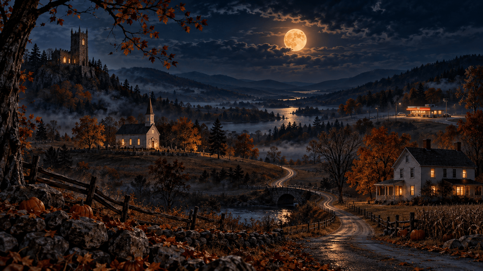 Moonlit October valley connecting a medieval church, New England meetinghouse, farmhouse, and diner