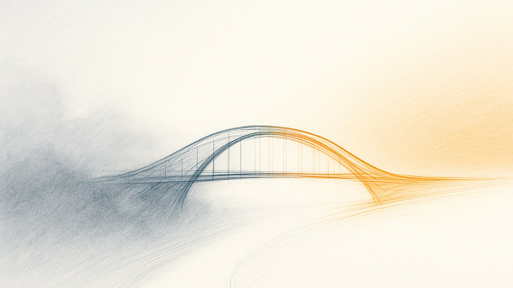 Bridge sketch fading from blue fog to orange light – TPOCo Pulse Bridge visual for cooperation and clarity.