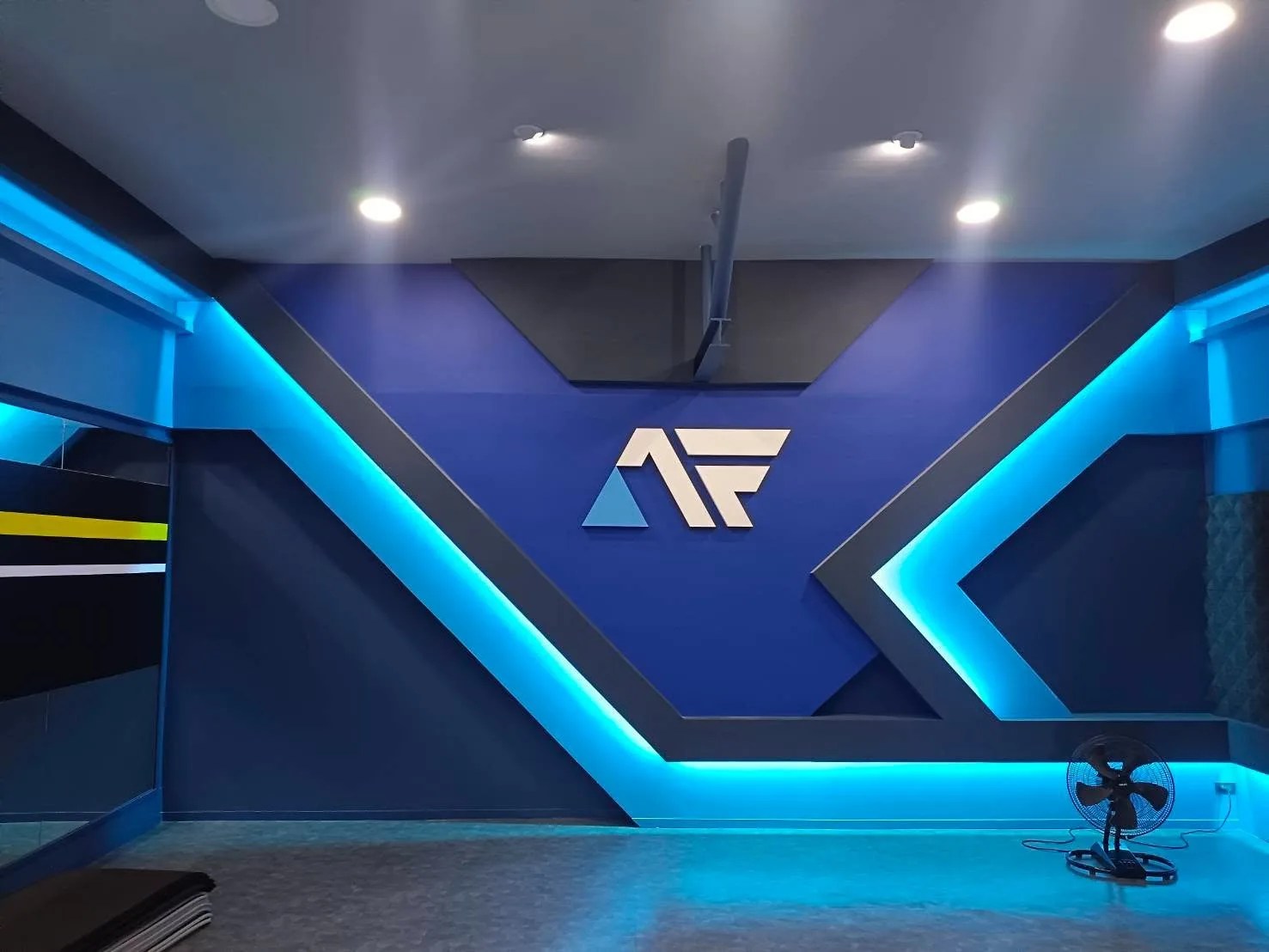 Blue LED lit feature wall with a cut acrylic logo
