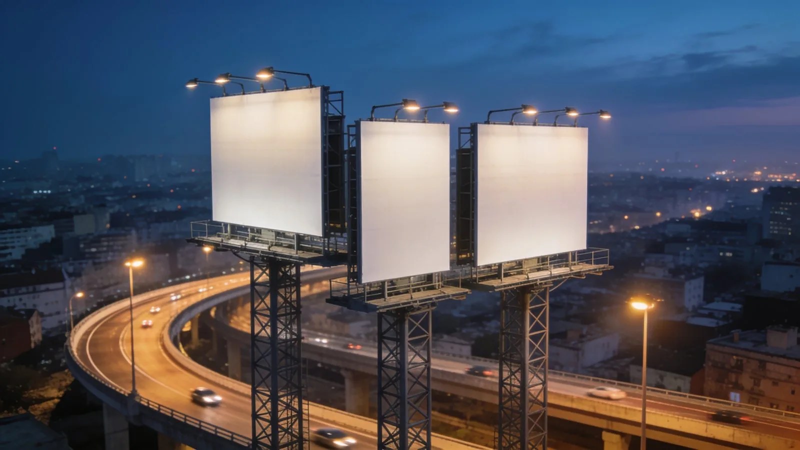 Three billboard structures above a Bangkok arterial road at blue hour