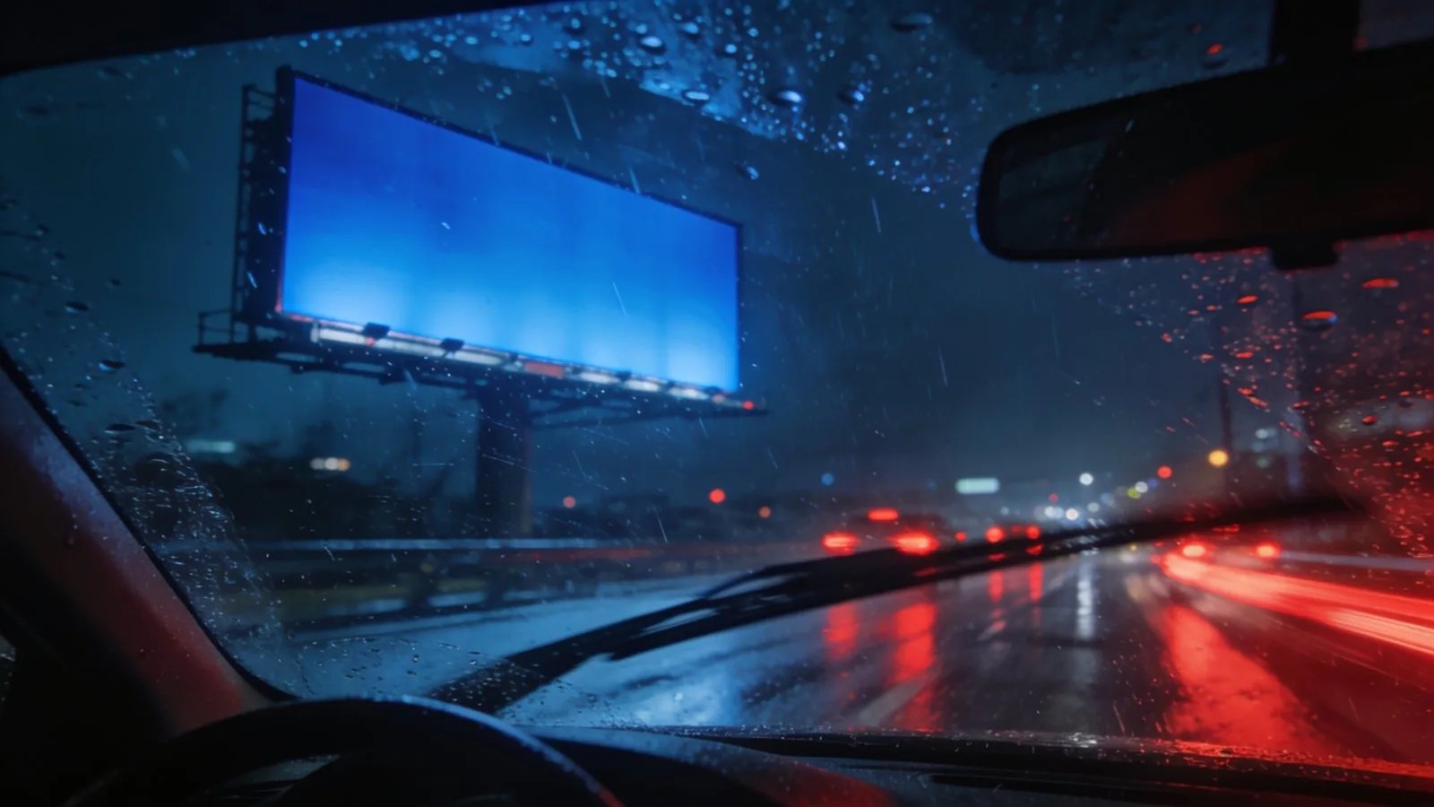 Driver view through a rainy windscreen toward a lit billboard