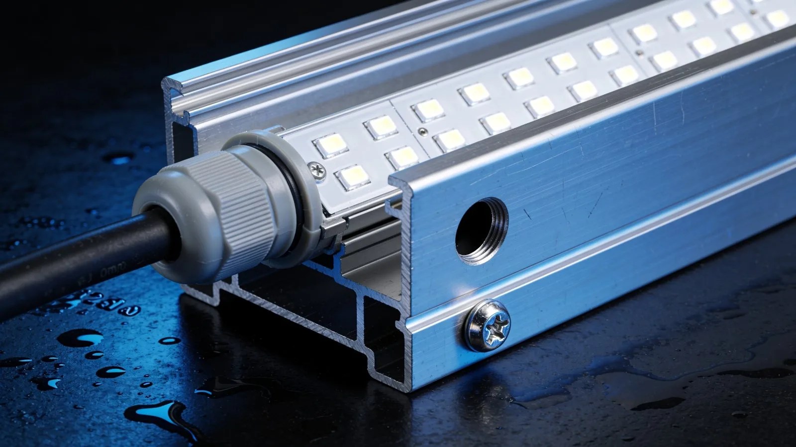 LED modules, cable gland and drainage hole inside a channel letter