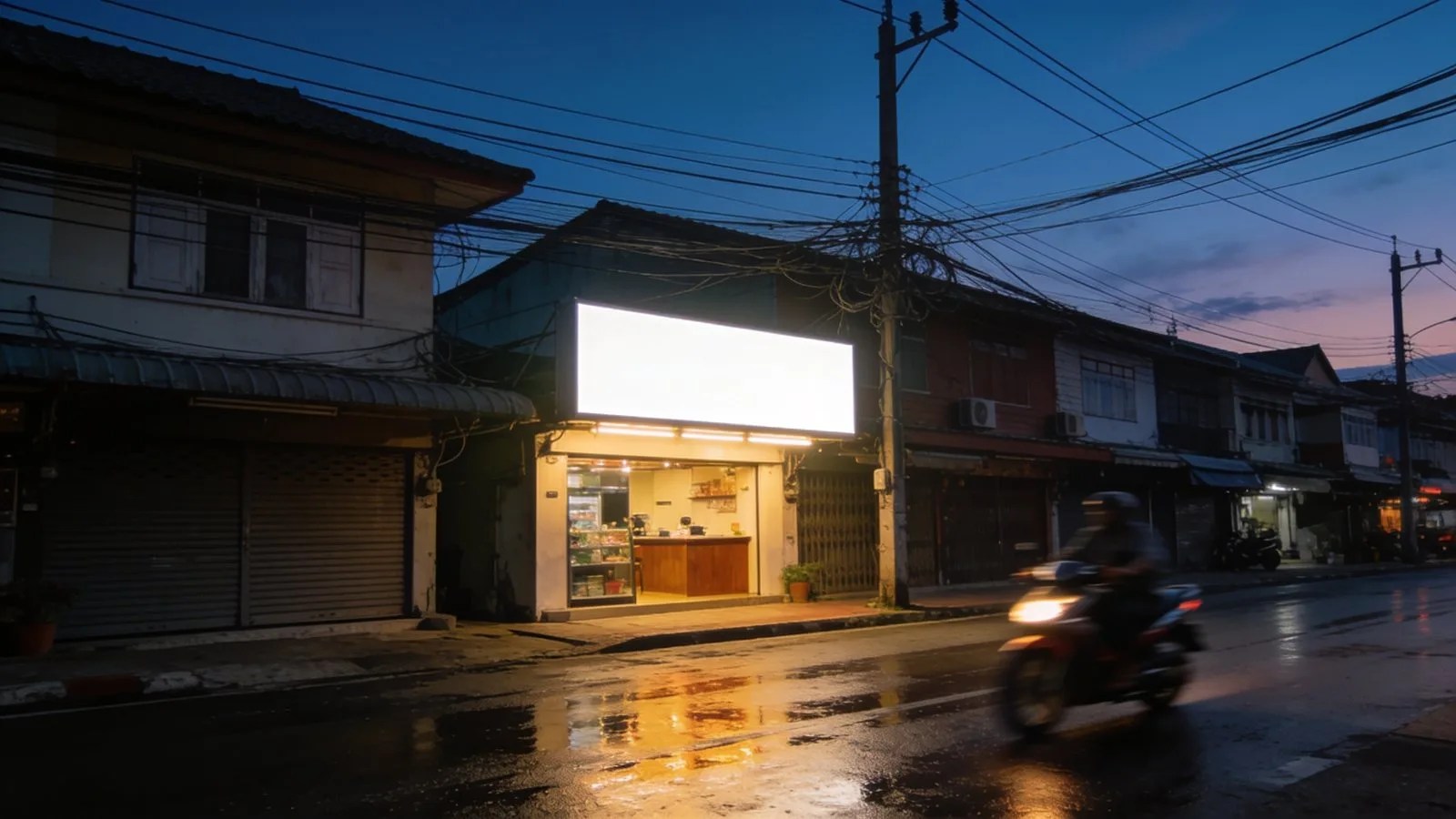 Illuminated fascia lightbox glowing on a Bangkok shophouse at dusk