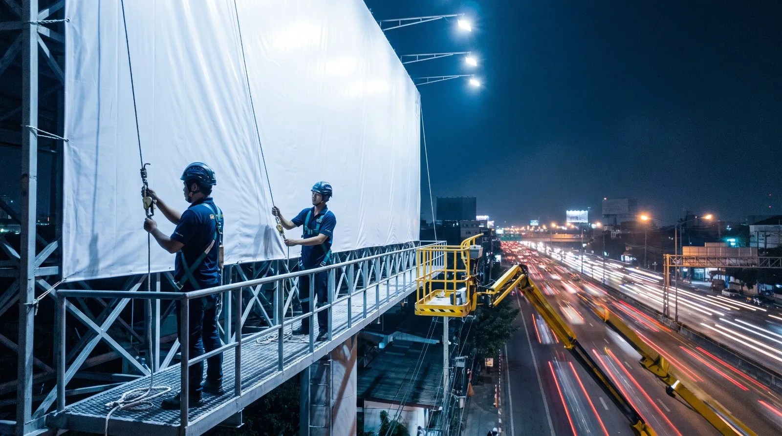 Crew fitting a billboard skin at night above traffic
