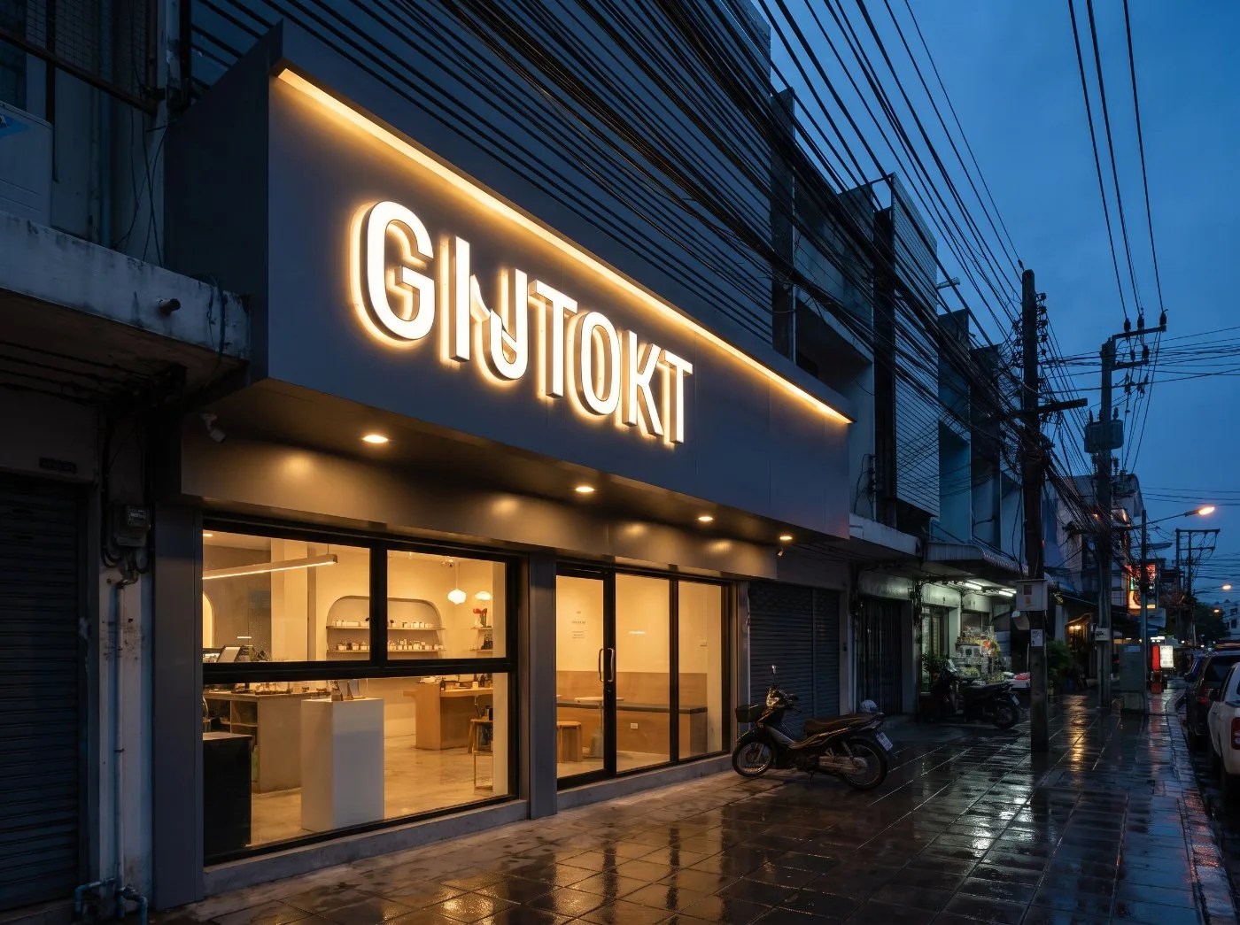 Lit shopfront sign at dusk