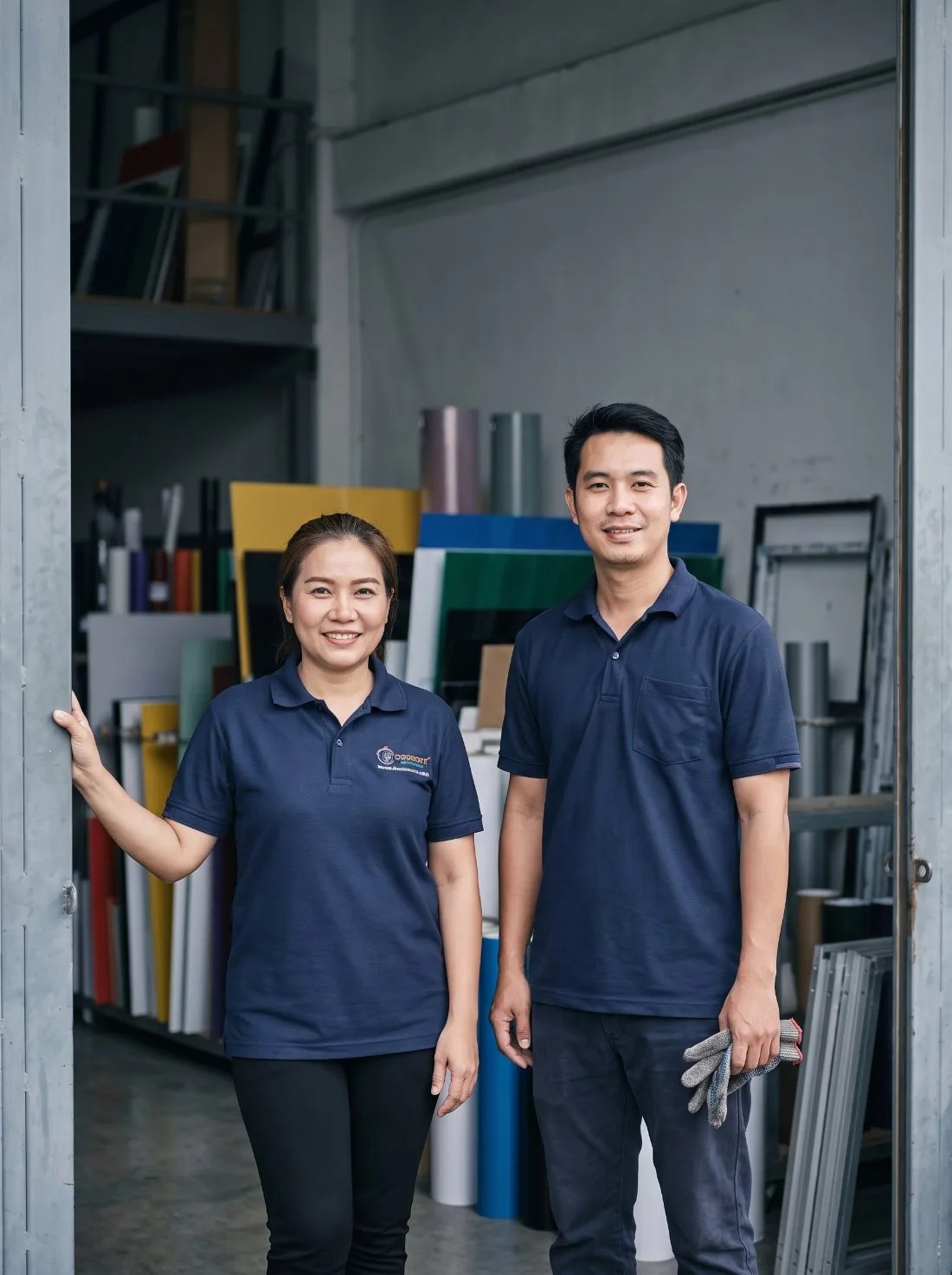 Two Thai Prasith Signtech technicians at the workshop door