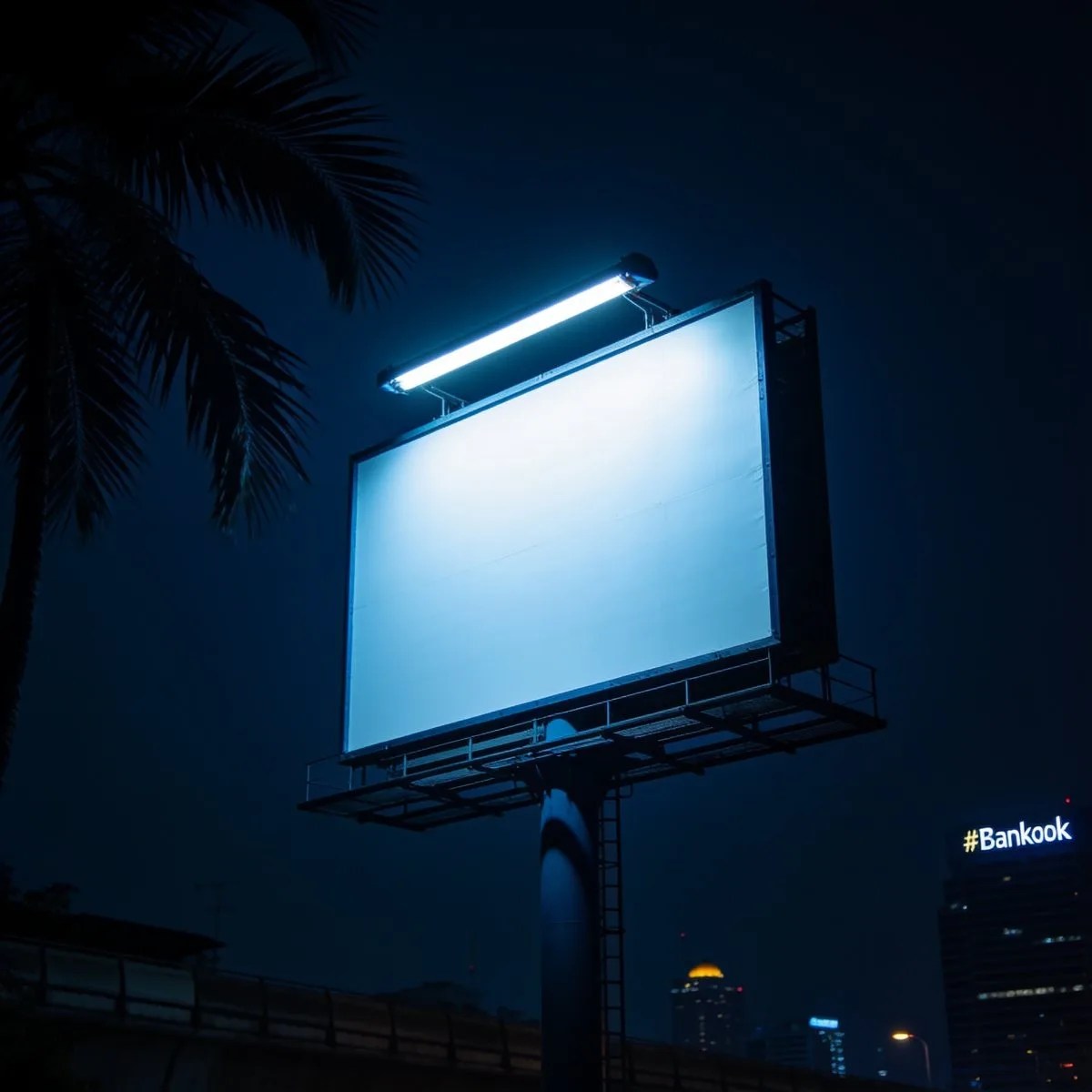 Blank billboard face lit blue at night in Bangkok