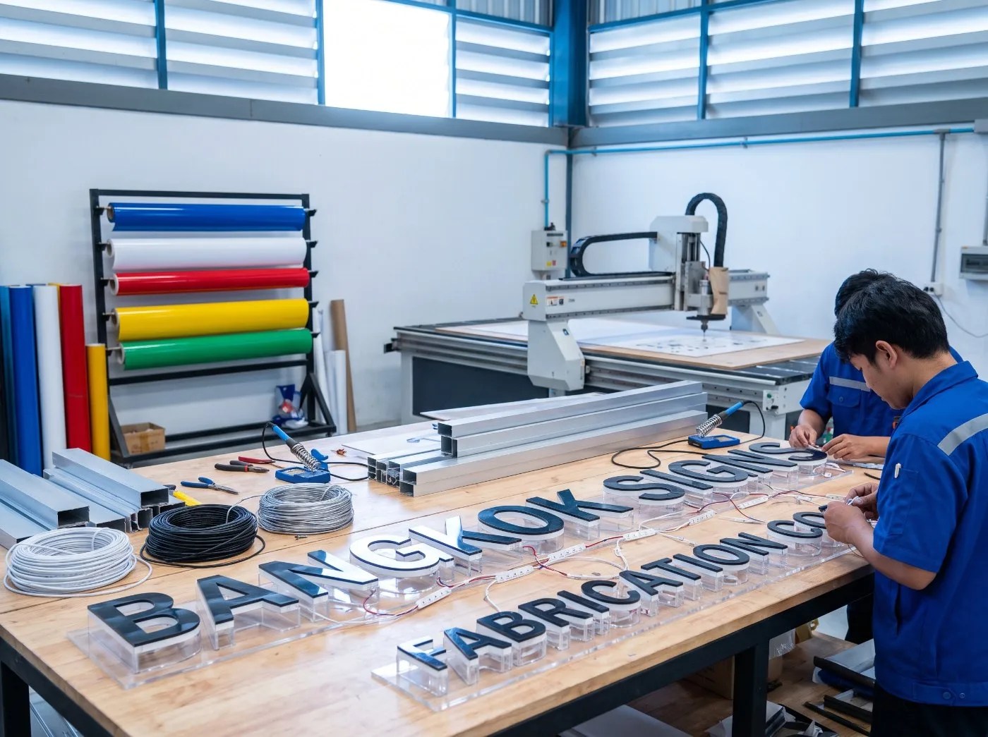 Sign fabrication under way on the workshop floor